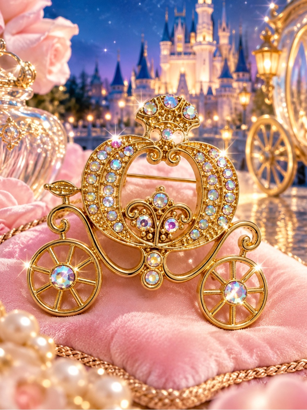 Cinderella Gold-tone Carriage Brooch with Iridescent Crystals
